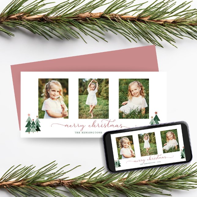 Tarjeta Festiva Árboles navideños de escritura rosada 3 Foto (Pink Script Christmas Trees 3 Photo Holiday Card)