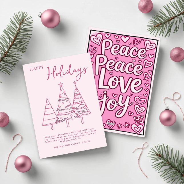 Tarjeta Festiva Árboles rosados dibujando Navidades de caracol (Pink Trees Hand Drawn Doodle Whimsy Christmas Holiday Card)