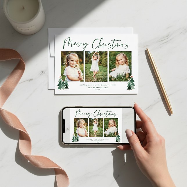 Tarjeta Festiva Árboles rústicos Navidades modernos festividad 3 f (Rustic Trees Modern Christmas Holiday 3 Photo Cards)