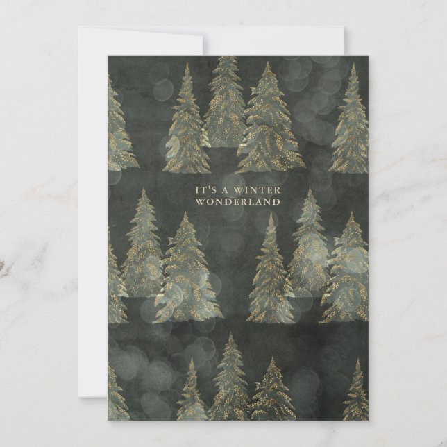 Tarjeta Festiva Árboles verdes y dorados Evergreen Wonderland (Anverso)