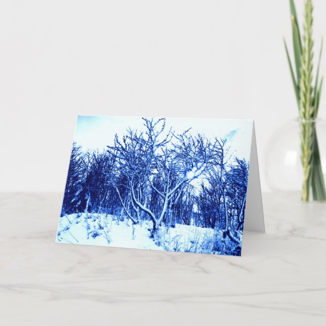 Tarjeta Festiva Árboles y escenas de nieve, azul cobalto (Anverso)