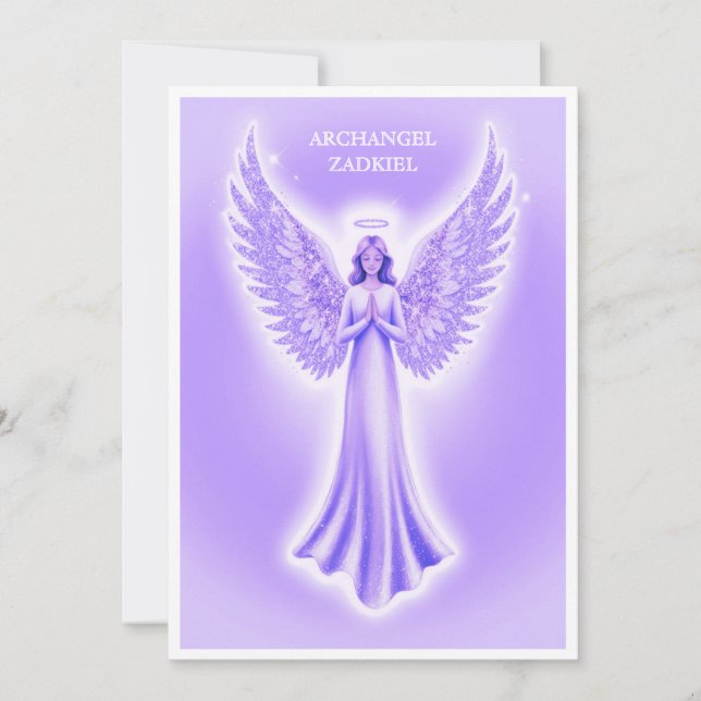 Tarjeta Festiva Arcángel Zadkiel Navidades Púrpura Y Blanco (Anverso)