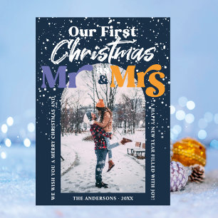Tarjeta Festiva Arch Blue First Christmas Mr and Mrs Couple Photo