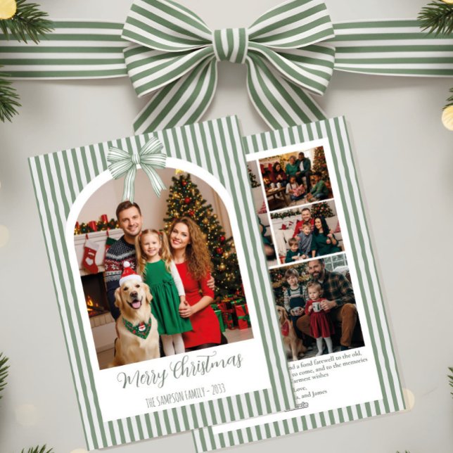 Tarjeta Festiva Arch Photo Christmas Card with Green Stripes & Bow (Subido por el creador)