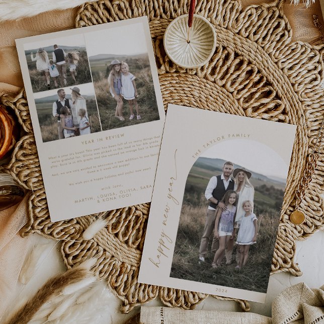 Tarjeta Festiva Arco Boho moderno | Foto de Año Nuevo Cream Happy (Subido por el creador)