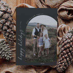 Tarjeta Festiva Arco Boho moderno   Foto Gray Happy Holidays