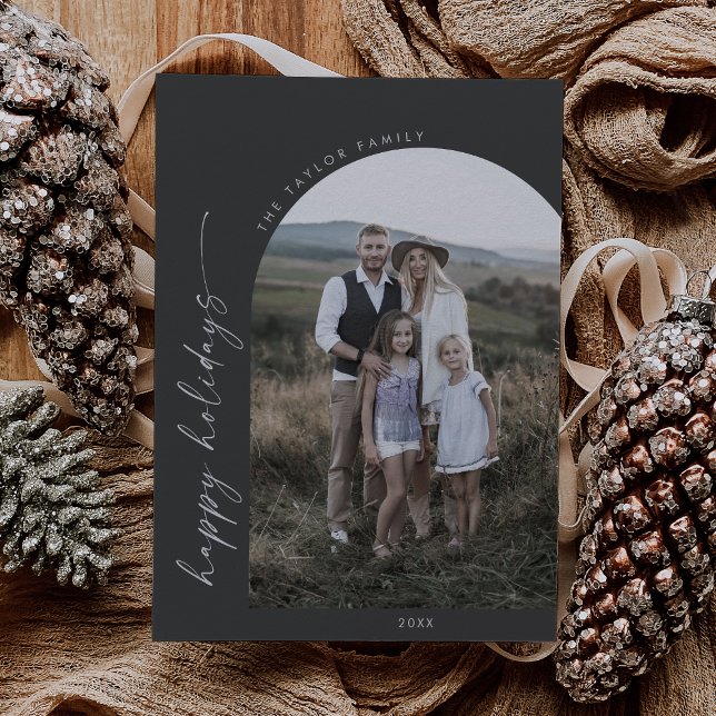 Tarjeta Festiva Arco Boho moderno | Foto Gray Happy Holidays (Subido por el creador)