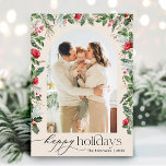 Tarjeta Festiva Arco Botánico Boho Felices Fiestas 1 Foto<br><div class="desc">Esta colección cuenta con flores de color agua rojo,  bayas y vegetación de invierno con tipografía moderna y elegante,  con un patrón botánico de invierno.</div>