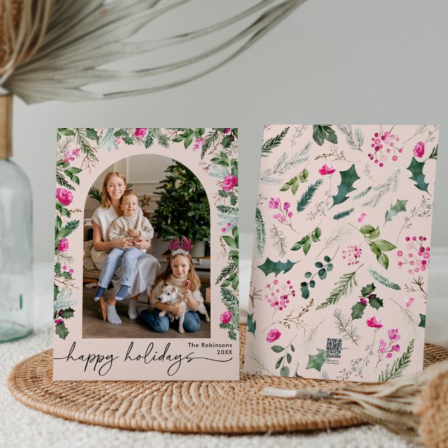 Tarjeta Festiva Arco Botánico de Flores Rosadas con Toque de Cielo (Subido por el creador)