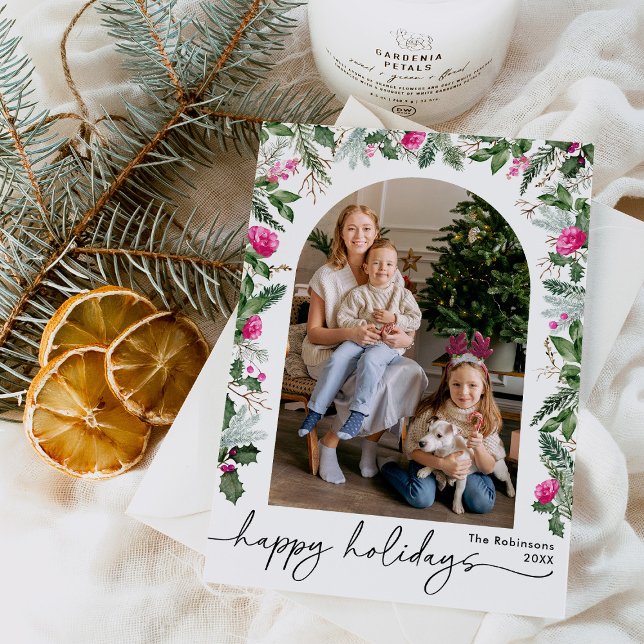 Tarjeta Festiva Arco Botánico de Verde Moderno Rosa Brillante 1 Fo (Subido por el creador)