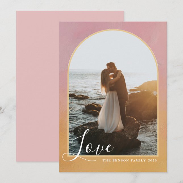 Tarjeta Festiva Arco de Escritura Amor Pintado de Rosa Dorado Vert (Anverso / Reverso)