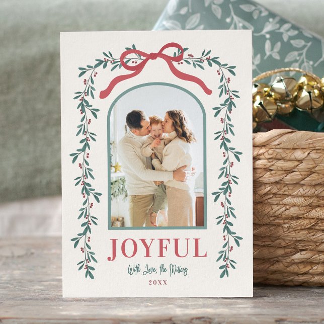 Tarjeta Festiva Arco de guirnalda de acuarela con lazo Personaliza (Watercolor Arch Garland Photo Holiday Card Custom Sentiment Classic Traditional Personalized Family)