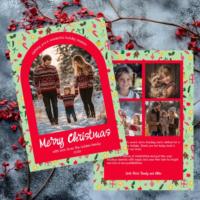 Tarjeta Festiva Arco de Personalizado de Navidades de Doodle capri (Whimsical Doodle Christmas Custom Arch 5 Photo Holiday Card
)