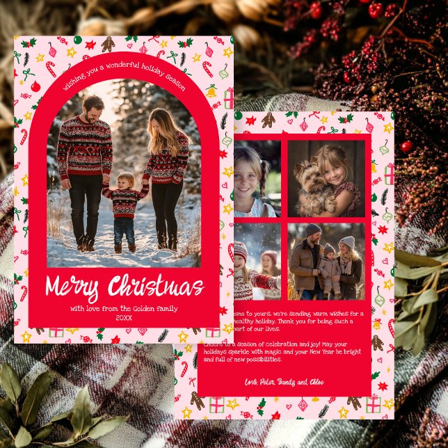 Tarjeta Festiva Arco de Personalizado de Navidades de Doodle capri (Whimsical Doodle Christmas Custom Arch 5 Photo Holiday Pink Card
)