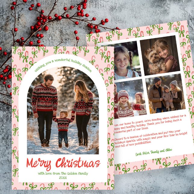 Tarjeta Festiva Arco de Personalizado de Navidades rojos rosados c (Candy canes Pink Red Cute Christmas Custom Arch 5 Photo  Family Collage Holiday Card
)