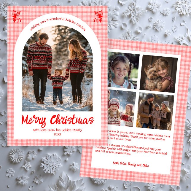 Tarjeta Festiva Arco de Personalizado de Navidades Rojos Rosados d (Gingham Pink Red Christmas Custom Arch 5 Photo Holiday Card
)