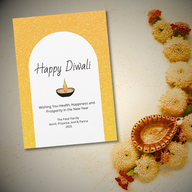 Tarjeta Festiva Arco de purpurina dorada Lámpara Diya Feliz Diwali (Subido por el creador)