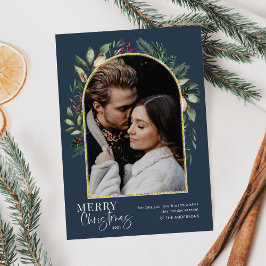 Tarjeta Festiva Arco de Verde con Foto Dorada y Marina Moderna y E