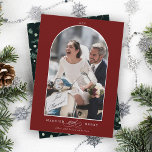 Tarjeta Festiva Arco elegante casado y rojo de la foto del cerezo<br><div class="desc">Tarjeta de vacaciones de fotografía de arco moderno con escritura decorativa "y" entre 2 palabras y un patrón de vegetación invernal en la parte posterior. Para una personalización más avanzada de este diseño,  haga clic en el BOTÓN HERRAMIENTA DE DISEÑO AZUL.</div>
