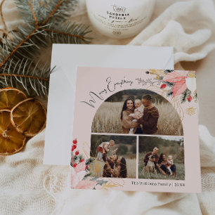 Tarjeta Festiva Arco floral rosa Merry Everything Three Photo