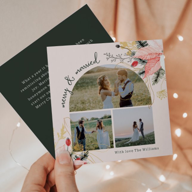 Tarjeta Festiva Arco floral rosa Merry y foto casada con tres (Subido por el creador)