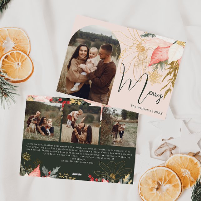 Tarjeta Festiva Arco floral rosa Oh Merry Four Photo Holiday Card (Subido por el creador)