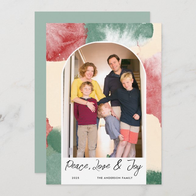 Tarjeta Festiva Arco Foto Abstracto Acuarela Paz Amor & Alegría (Anverso / Reverso)