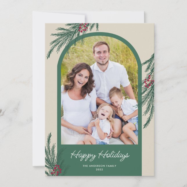 Tarjeta Festiva Arco Foto Invierno Verdor Felices Fiestas (Anverso)