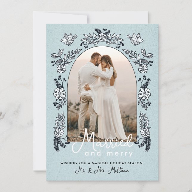 Tarjeta Festiva Arco fotográfico de Bodas navideños casados y moro (Anverso)