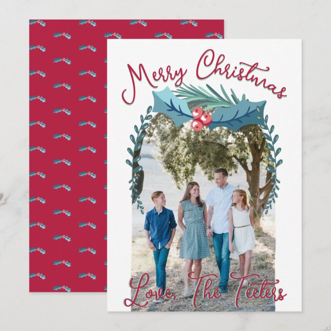 Tarjeta Festiva Arco fotográfico de Merry Christmas Holly Berry Pe (Anverso / Reverso)