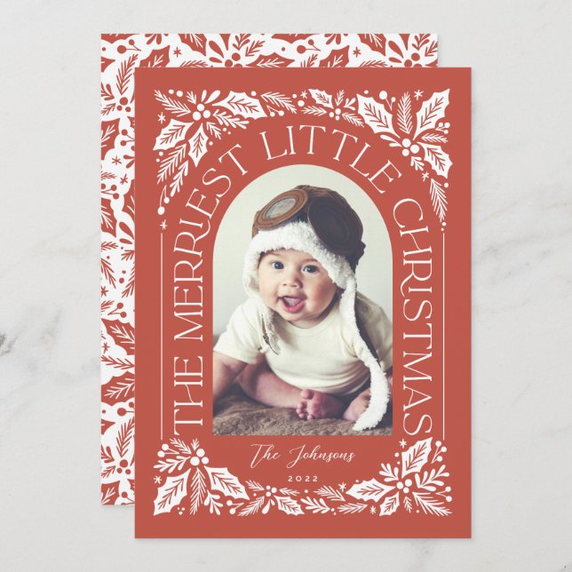 Tarjeta Festiva Arco fotográfico navideño más alegre de bayas roja (Anverso / Reverso)