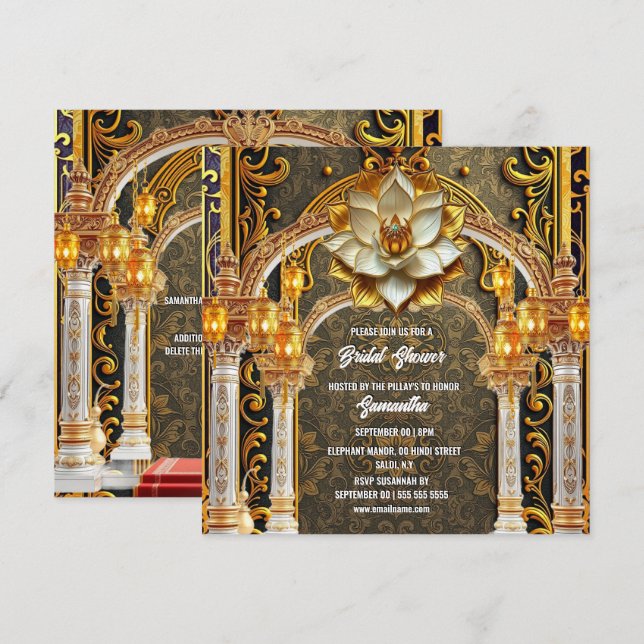 Tarjeta Festiva Arco indio de flor de loto blanco dorado (Anverso / Reverso)