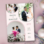 Tarjeta Festiva Arco moderno casado y morado recién casado 3 foto<br><div class="desc">Para tu primera navidad como pareja casada, esta simple y retro tarjeta de fotos de vacaciones moderna muestra 3 de tus fotos favoritas de bodas o navidades. Sus fotografías se muestran en un trío de marcos en forma de arco y el diseño está escrito con letras "alegres y casados". Puedes...</div>