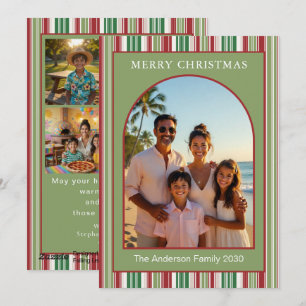 Tarjeta Festiva Arco moderno multi-foto familia rayas rojas y verd
