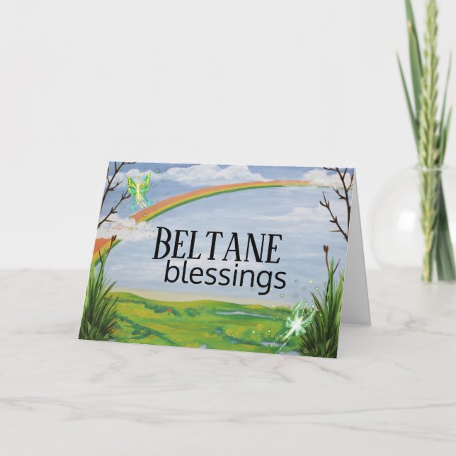 Tarjeta Festiva Arcoiris y bendiciones Beltane de Fairies (Anverso)