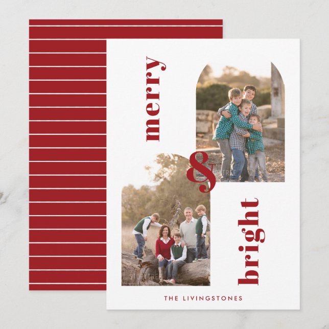 Tarjeta Festiva Arcos merry y brillantes rojo y blanco 2 foto (Anverso / Reverso)