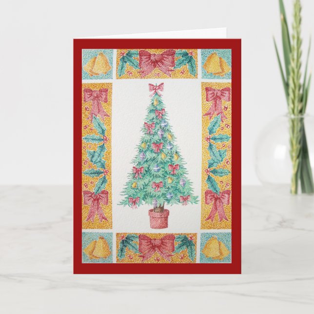 Tarjeta Festiva arcos rojos y campanas en el árbol para navidades (Anverso)