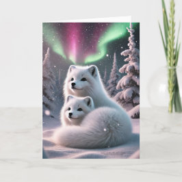 Tarjeta Festiva Arctic Fox Pair Aurora Borealis Wintery Woodland