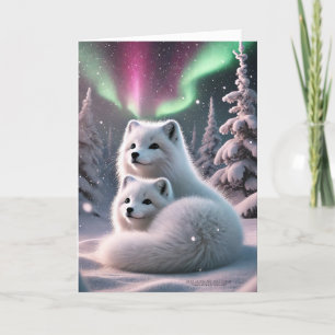 Tarjeta Festiva Arctic Fox Pair Aurora Borealis Wintery Woodland