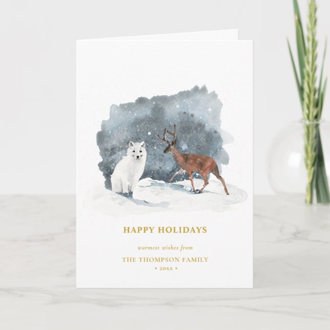 Tarjeta Festiva ARCTIC WINTER Animal Gold Script Minimalista (Anverso)