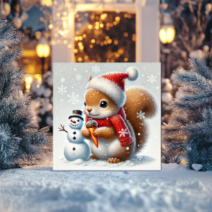 Tarjeta Festiva Ardilla Acogedora con Muñeco de Nieve y Sombrero d