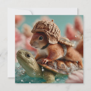 Tarjeta Festiva Ardilla caprichosa montando una tortuga