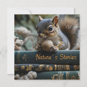 Tarjeta Festiva Ardilla con nuez en libros antiguos, historia de l