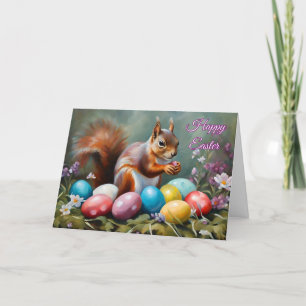 Tarjeta Festiva ardilla de Pascua feliz con huevos de Pascua y flo