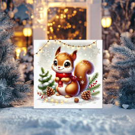 Tarjeta Festiva Ardilla dulce con piñas y luces de hada