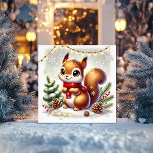 Tarjeta Festiva Ardilla dulce con pineconas y luces de hadas
