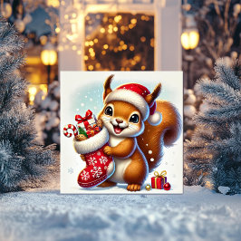 Tarjeta Festiva Ardilla emocionada con calcetín festivo