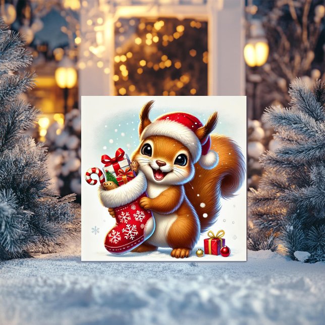 Tarjeta Festiva Ardilla emocionada con calcetín festivo (Subido por el creador)