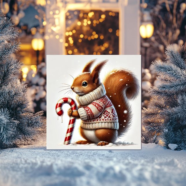 Tarjeta Festiva Ardilla festiva con suéter de punto y dulce (Subido por el creador)