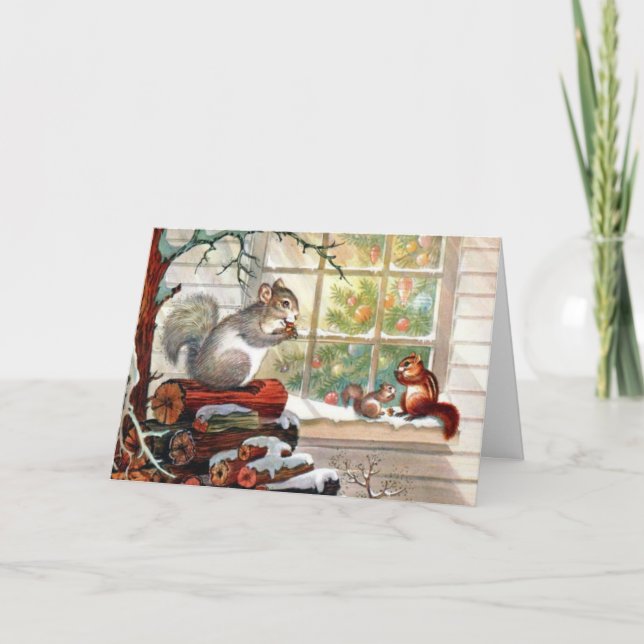 Tarjeta Festiva Ardilla navideña vintage (Anverso)
